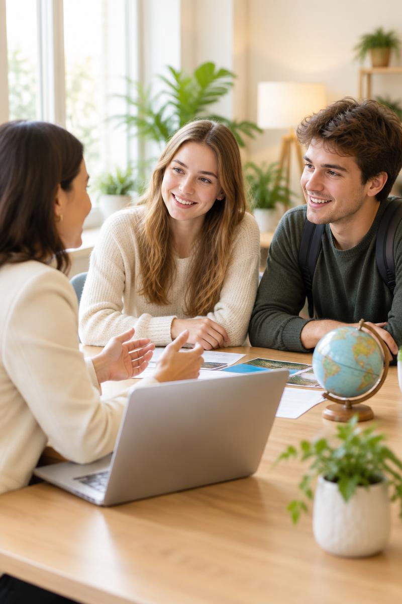 A consultant advising two smiling students about studying abroad